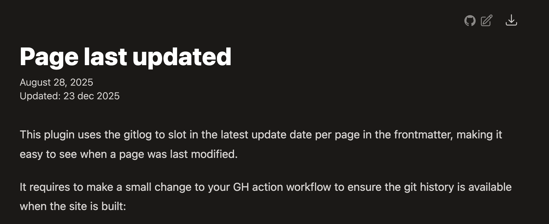 The last-updated plugin adds this little line underneath the title of each page.