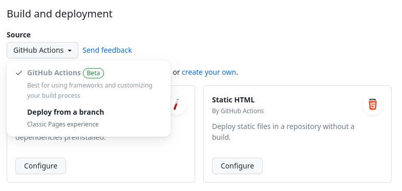 Setting the source for GitHub Pages in the repository settings